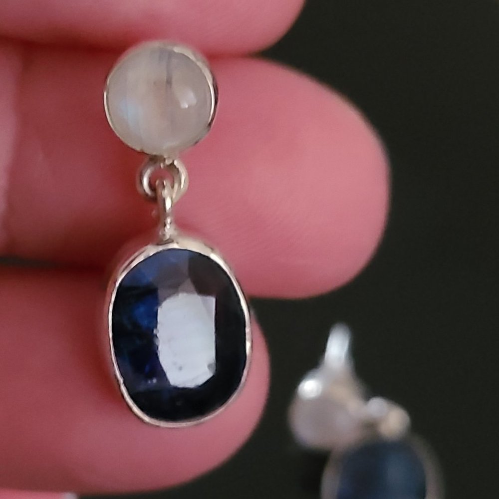 Kyanite and Moonstone Gemstone Dangle Earrings Sterling Silver - Picture 5 of 8